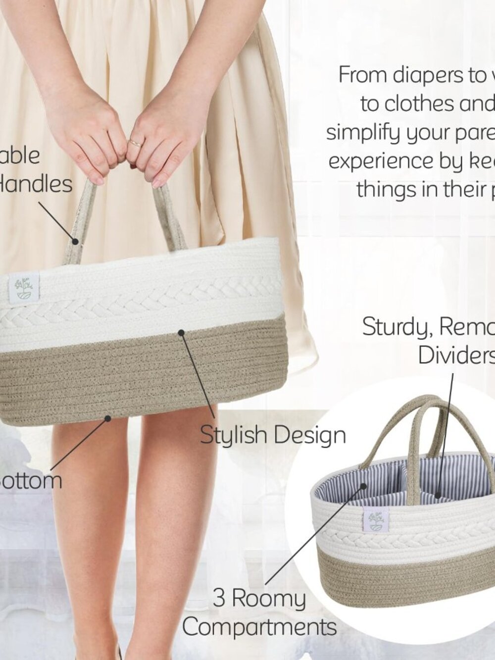 Woven Diaper Caddy Organizer, Large Gray Multi Functional Portable Baby Basket w - Picture 5 of 7